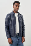 Navy Faux Leather Stand Collar Full-Lined Slim Fit Casual Jacket 1038245151