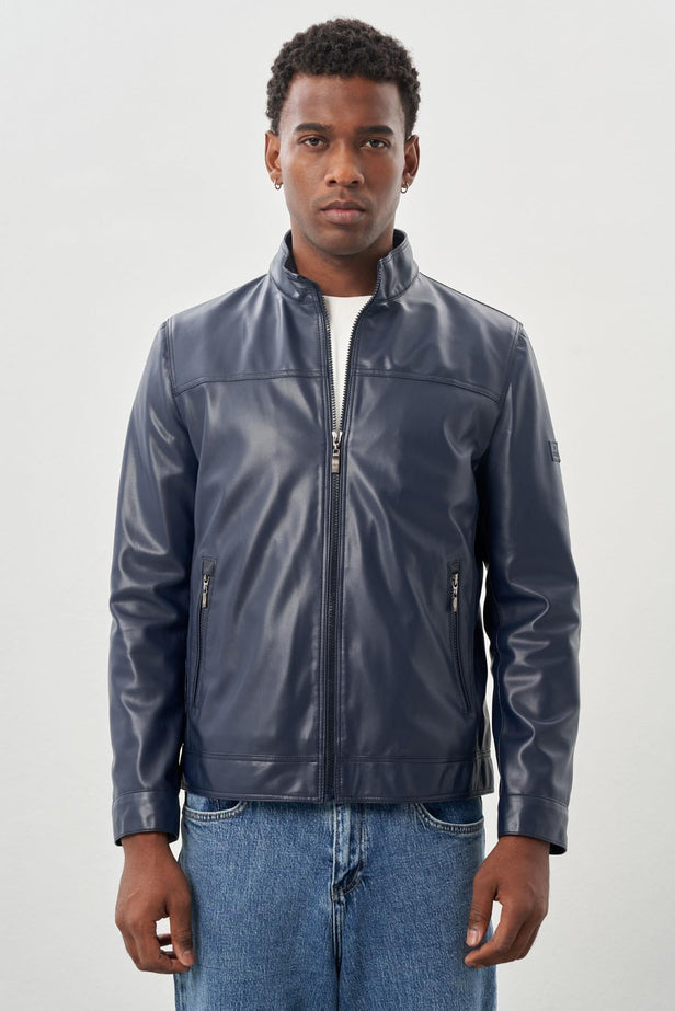 Navy Faux Leather Stand Collar Full-Lined Slim Fit Casual Jacket 1038245151