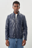 Navy Faux Leather Stand Collar Full-Lined Slim Fit Casual Jacket 1038245151