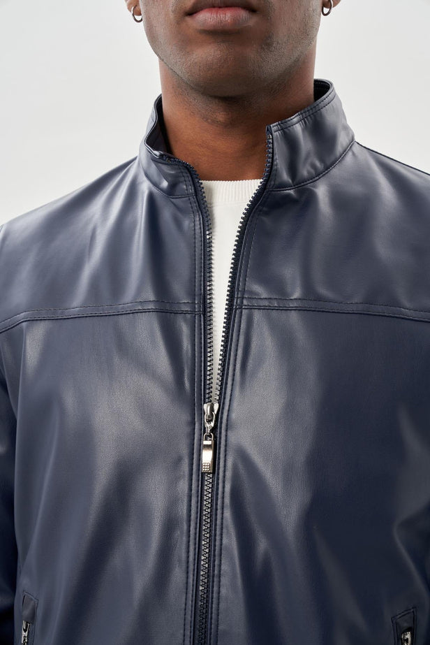 Navy Faux Leather Stand Collar Full-Lined Slim Fit Casual Jacket 1038245151