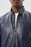 Navy Faux Leather Stand Collar Full-Lined Slim Fit Casual Jacket 1038245151