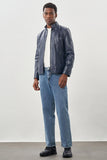 Navy Faux Leather Stand Collar Full-Lined Slim Fit Casual Jacket 1038245151