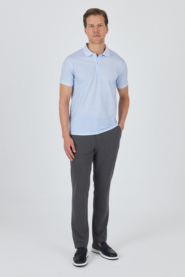 Blue Short Sleeve Printed Piqué Polo Collar Pocketless Slim Fit Stretch T-Shirt 1011250153