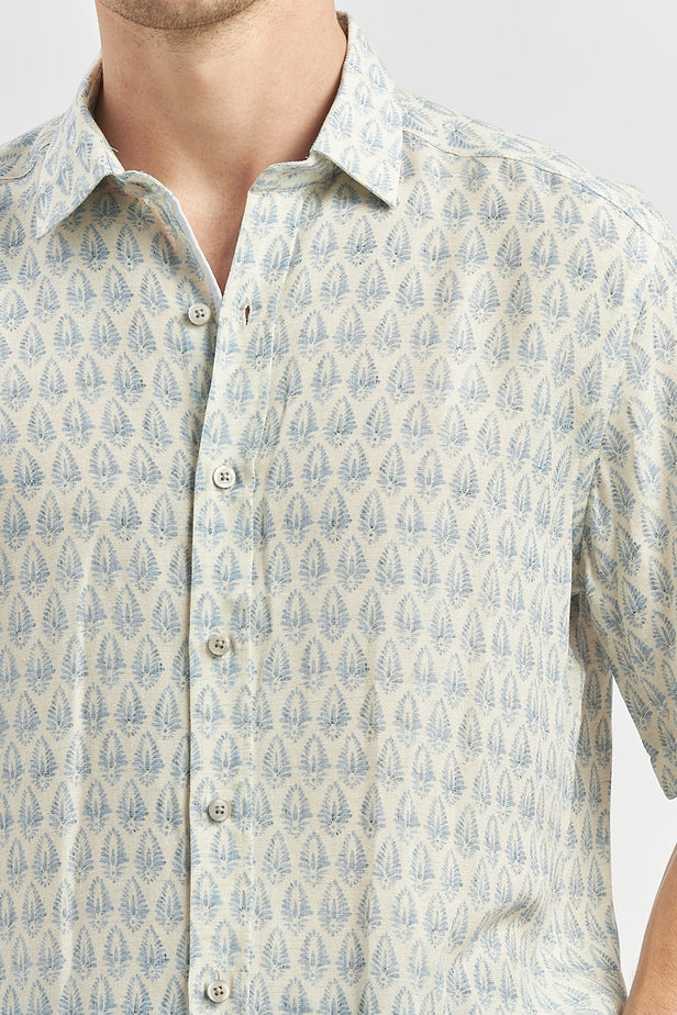 Blue Short Sleeve Printed Button-Down Collar Slim Fit Linen Blend Shirt 1004240241
