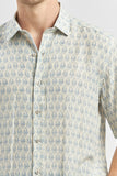 Blue Short Sleeve Printed Button-Down Collar Slim Fit Linen Blend Shirt 1004240241