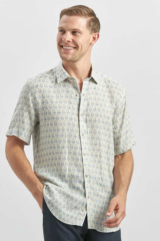Blue Short Sleeve Printed Button-Down Collar Slim Fit Linen Blend Shirt 1004240241