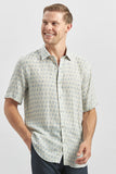 Blue Short Sleeve Printed Button-Down Collar Slim Fit Linen Blend Shirt 1004240241