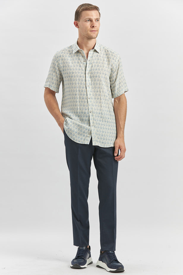 Blue Short Sleeve Printed Button-Down Collar Slim Fit Linen Blend Shirt 1004240241