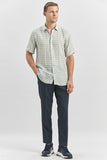 Blue Short Sleeve Printed Button-Down Collar Slim Fit Linen Blend Shirt 1004240241