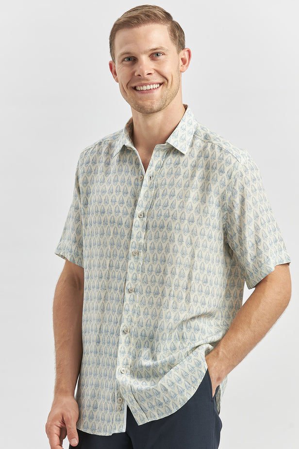 Blue Short Sleeve Printed Button-Down Collar Slim Fit Linen Blend Shirt 1004240241