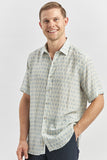 Blue Short Sleeve Printed Button-Down Collar Slim Fit Linen Blend Shirt 1004240241