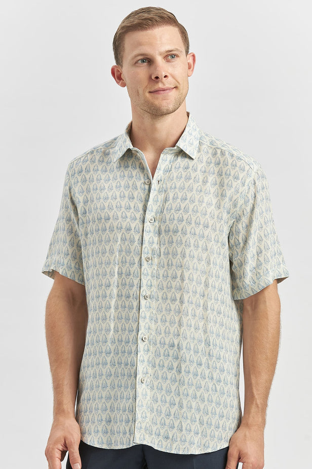 Blue Short Sleeve Printed Button-Down Collar Slim Fit Linen Blend Shirt 1004240241