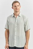 Blue Short Sleeve Printed Button-Down Collar Slim Fit Linen Blend Shirt 1004240241