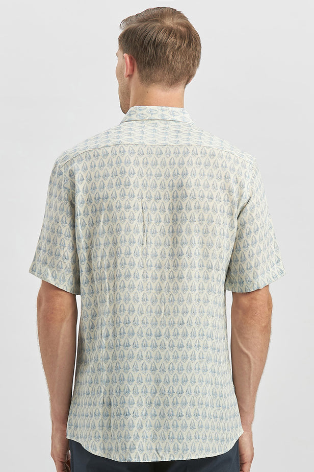 Blue Short Sleeve Printed Button-Down Collar Slim Fit Linen Blend Shirt 1004240241