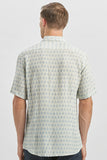 Blue Short Sleeve Printed Button-Down Collar Slim Fit Linen Blend Shirt 1004240241