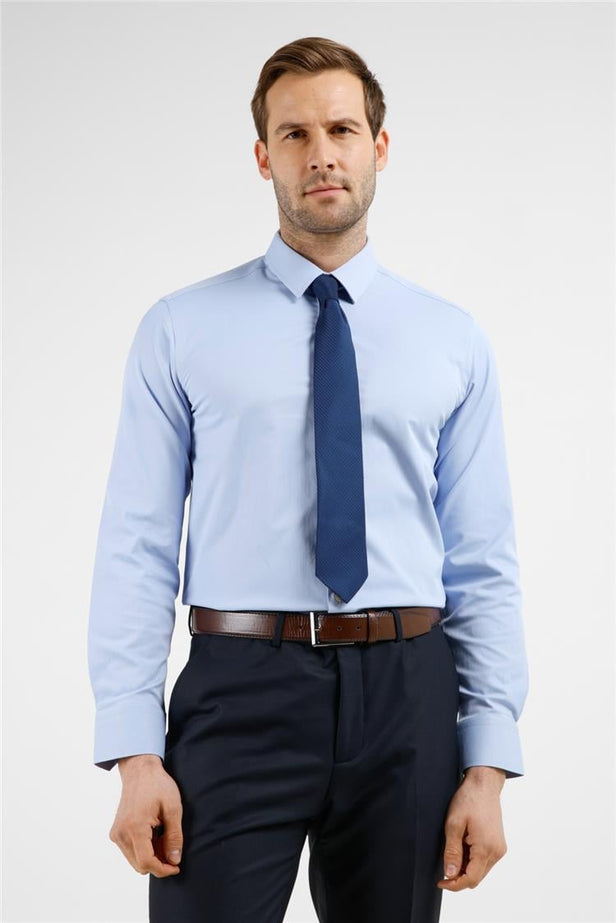 Blue Hard Collar Long Sleeve Slim Fit Cotton Blend Shirt (Model 1004255228)