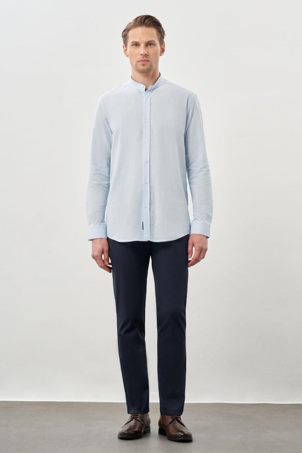 Long Sleeve Plain Weave Stand Collar Pocketless Cotton Casual Slim Fit Shirt 1004245270