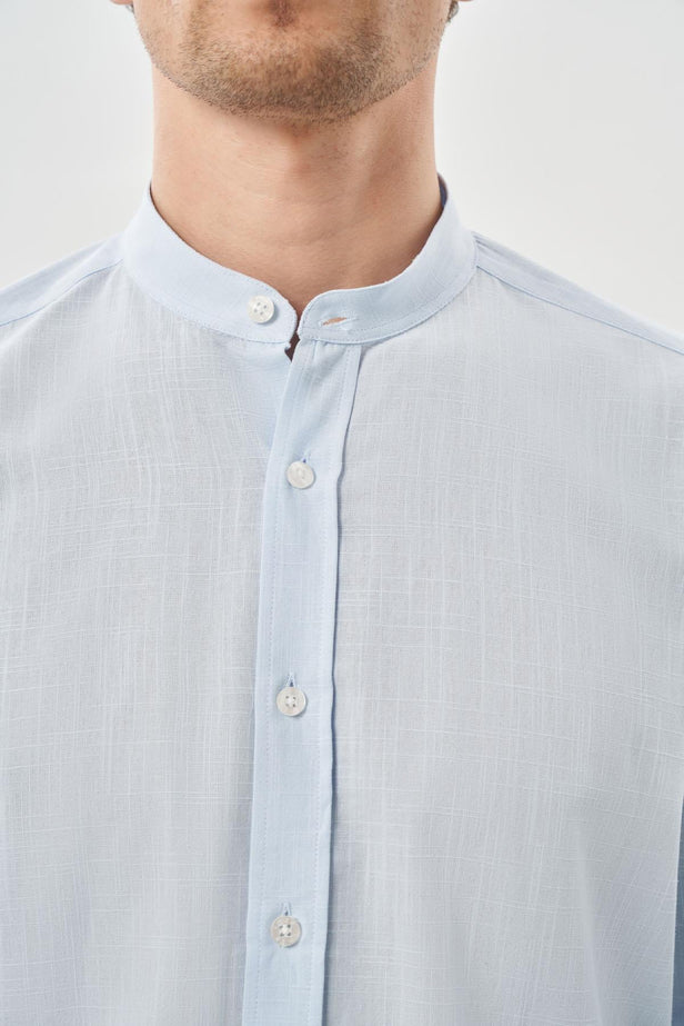 Long Sleeve Plain Weave Stand Collar Pocketless Cotton Casual Slim Fit Shirt 1004245270
