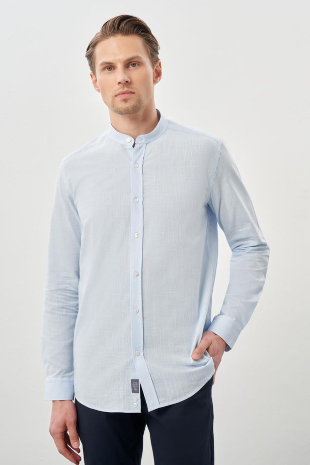Long Sleeve Plain Weave Stand Collar Pocketless Cotton Casual Slim Fit Shirt 1004245270