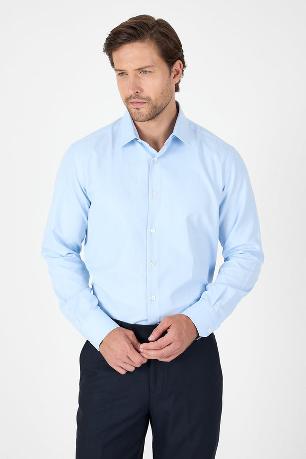 Long Sleeve Stiff Collar Pocketless Comfort Fit Cotton Shirt 1004250914