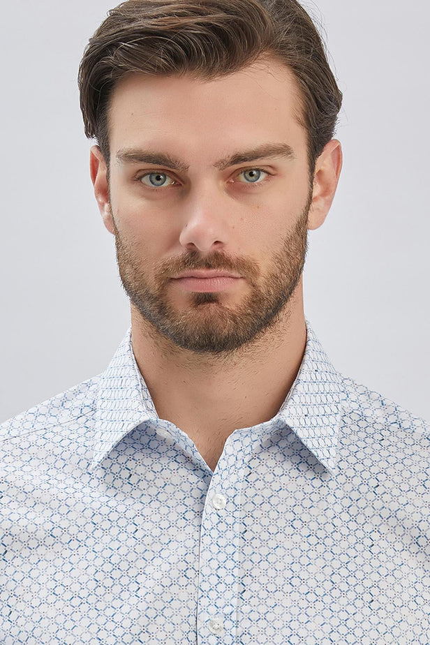 Blue Long Sleeve Printed Hard Collar Pocket Comfort Fit Shirt 1004240107