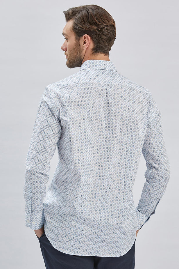 Blue Long Sleeve Printed Hard Collar Pocket Comfort Fit Shirt 1004240107