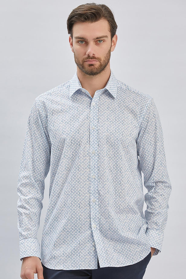 Blue Long Sleeve Printed Hard Collar Pocket Comfort Fit Shirt 1004240107