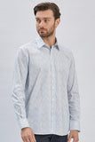 Blue Long Sleeve Printed Hard Collar Pocket Comfort Fit Shirt 1004240107