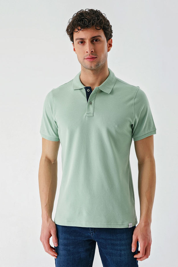 Short Sleeve Pique Polo Collar Trim Slim Fit Cotton Stretch T-Shirt 1011240156