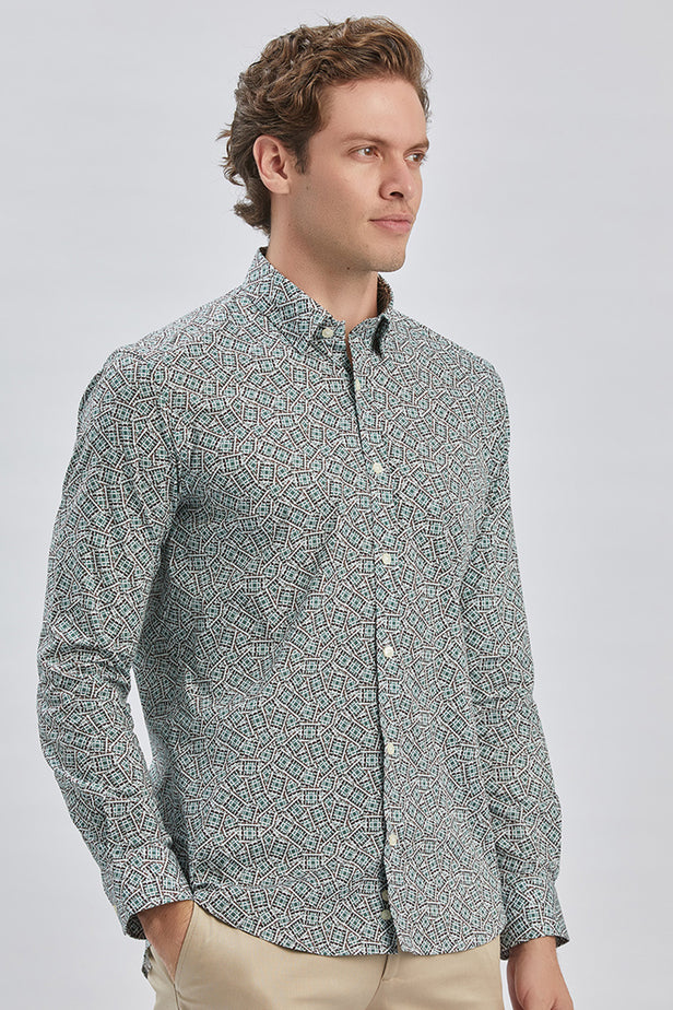 Green Long Sleeve Printed Birit Collar Pocketless Slim Fit Shirt 1004240215