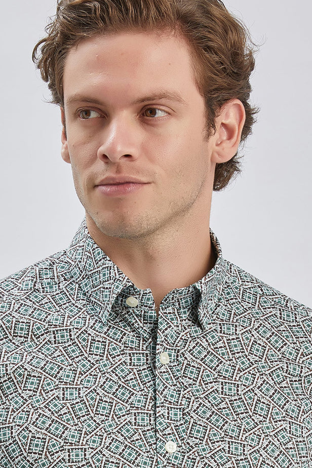 Green Long Sleeve Printed Birit Collar Pocketless Slim Fit Shirt 1004240215