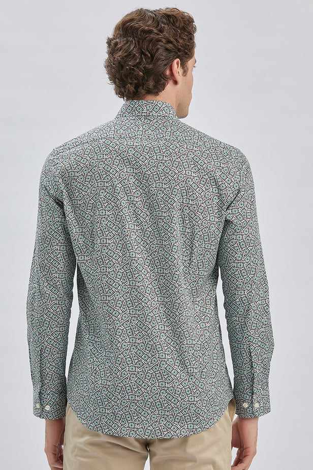 Green Long Sleeve Printed Birit Collar Pocketless Slim Fit Shirt 1004240215