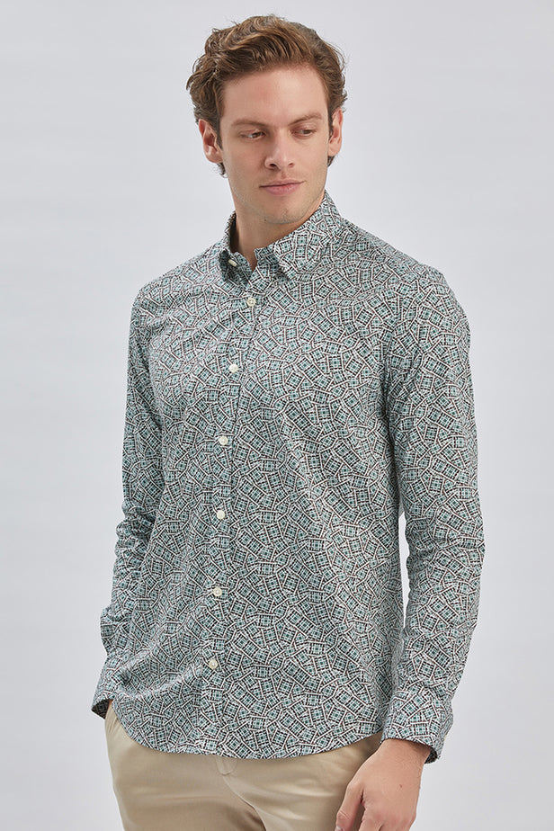 Green Long Sleeve Printed Birit Collar Pocketless Slim Fit Shirt 1004240215