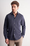 Half Italian Collar Striped Pattern Long Sleeve Slim Fit Cotton Shirt 1004255179