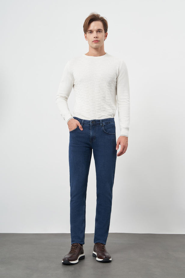 Dark Navy Gabardine Cotton 5 Pocket Slim Fit Casual Denim Pants 1023245155