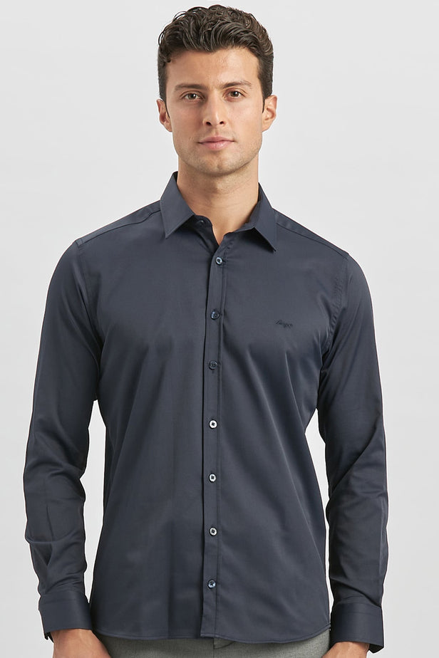 Long Sleeve Plain Weave Stiff Collar Classic Slim Fit Shirt 1004240334