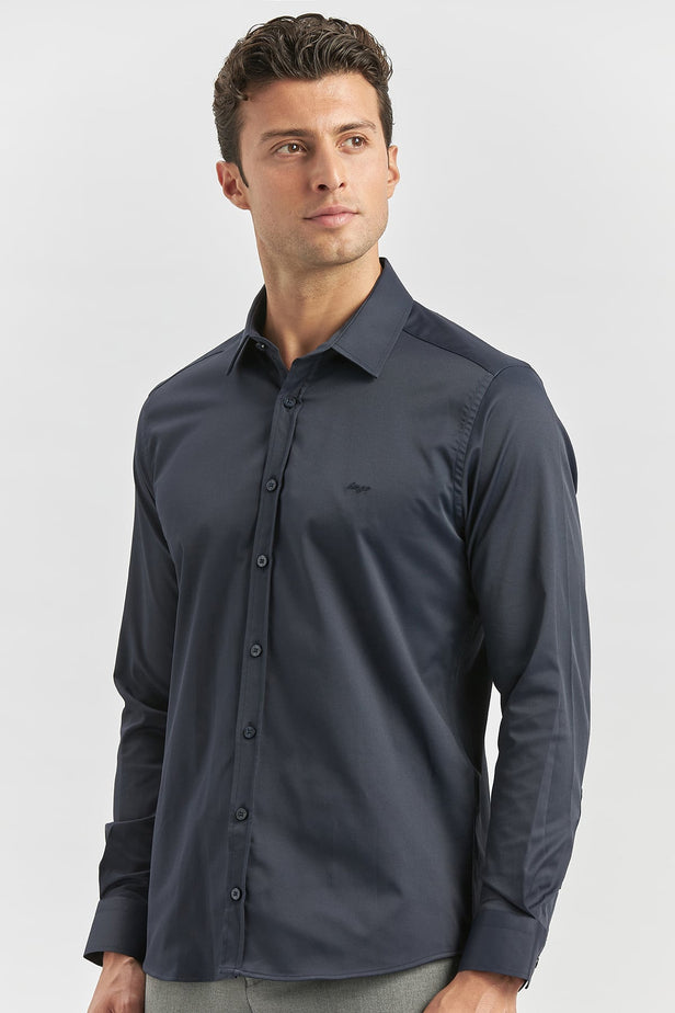 Long Sleeve Plain Weave Stiff Collar Classic Slim Fit Shirt 1004240334