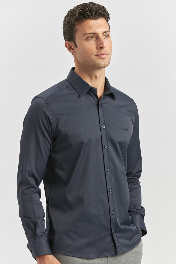 Long Sleeve Plain Weave Stiff Collar Classic Slim Fit Shirt 1004240334