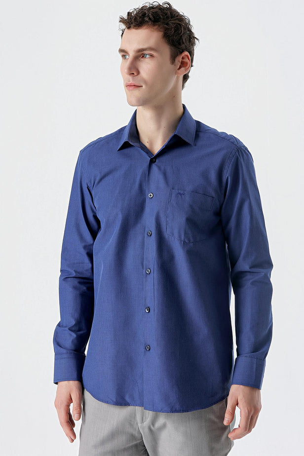Long Sleeve Checked Hard Collar Pocket Comfort Fit Shirt 1004235157