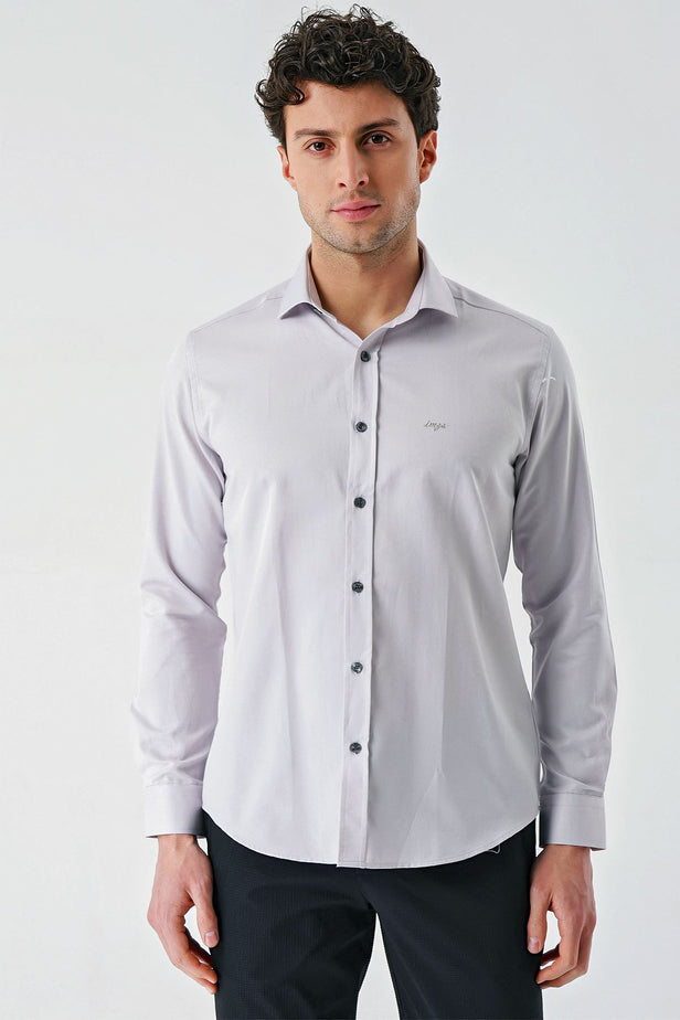 Dark Blue Long Sleeve Oxford Pocketless Slim Fit Shirt 1004240235