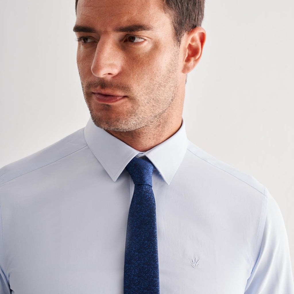 Blue Hard Collar Long Sleeve Slim Fit Cotton Shirt (Model 1004255175)