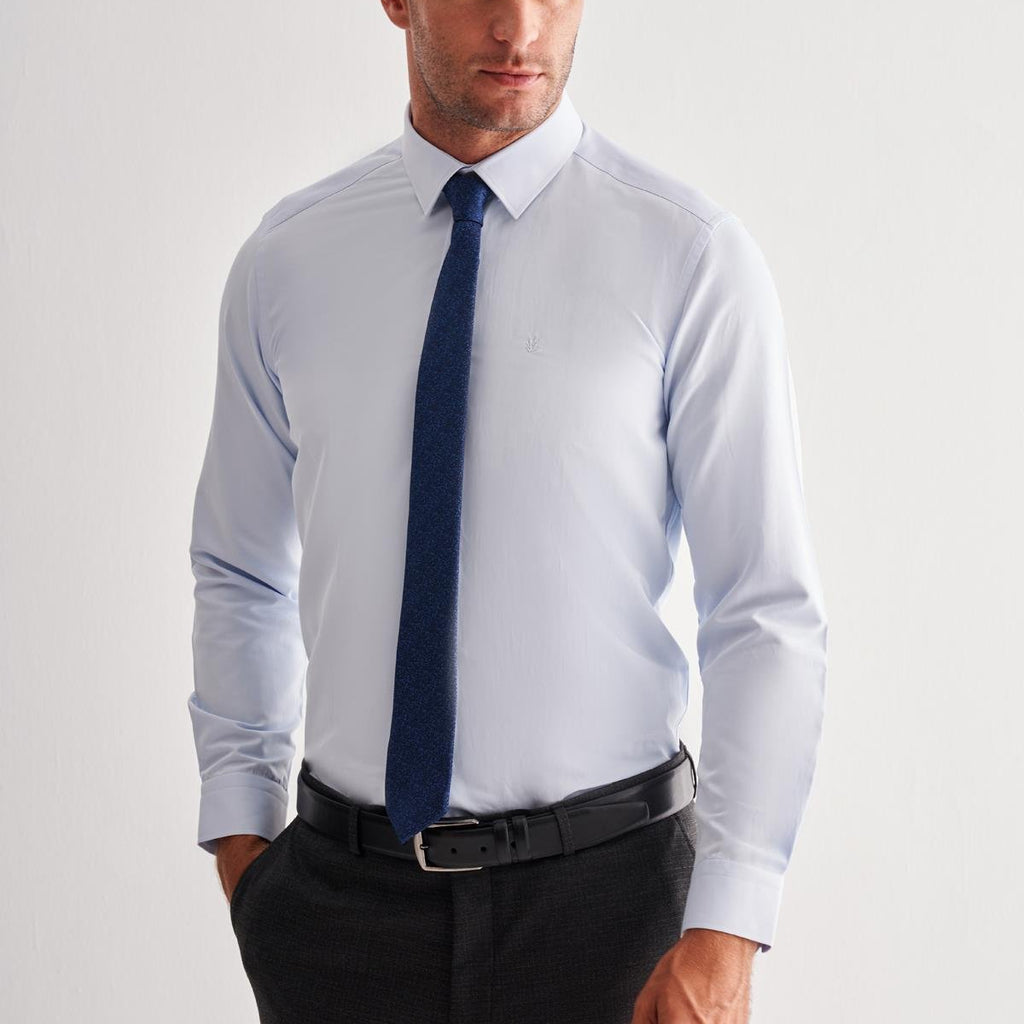 Blue Hard Collar Long Sleeve Slim Fit Cotton Shirt (Model 1004255175)