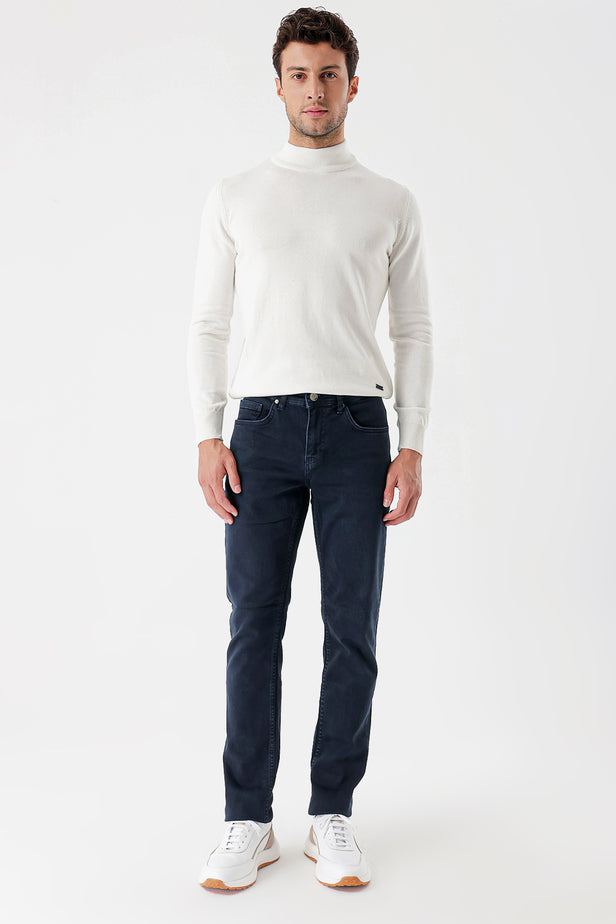 Navy Knitted Cotton 5 Pocket Slim Fit Casual Denim Pants 1023235156