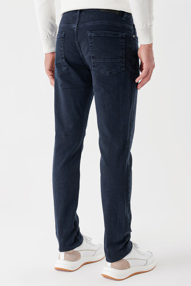 Navy Knitted Cotton 5 Pocket Slim Fit Casual Denim Pants 1023235156