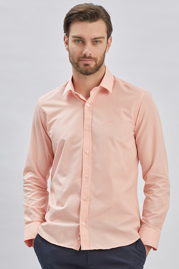 Long Sleeve Hard Collar Pocketless Slim Fit Shirt 1004240230