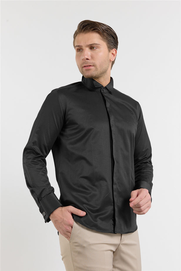 White Long Sleeve Ata Collar Pocketless Slim Fit Cotton Shirt 1004255915