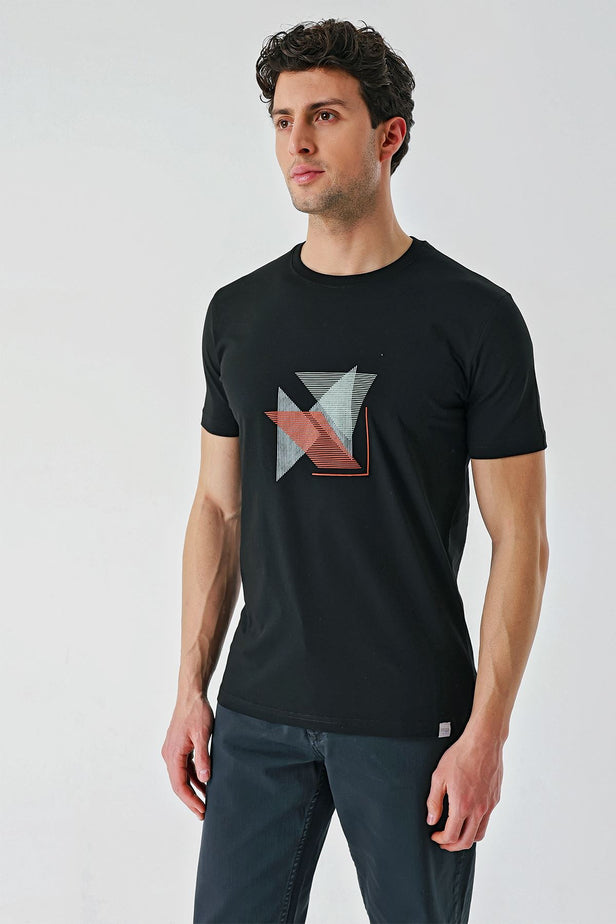 Black Printed Crew Neck Casual Slim Fit T-Shirt 1011240168