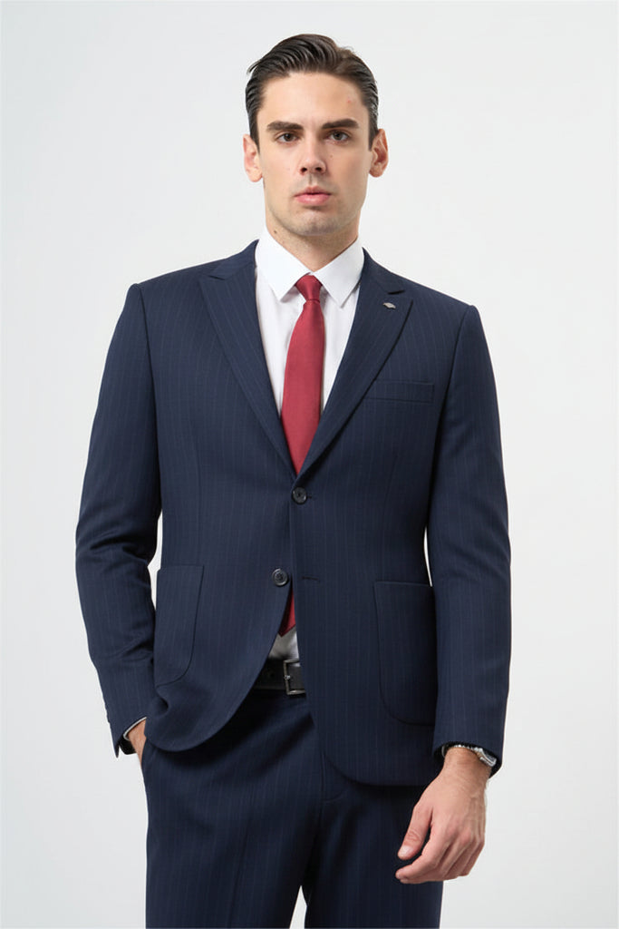 Navy Striped Knitted Peak Lapel Elastic Waist 6 Drop Slim Fit Classic Suit 1001245170