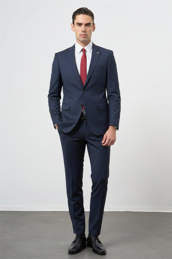 Navy Striped Knitted Peak Lapel Elastic Waist 6 Drop Slim Fit Classic Suit 1001245170