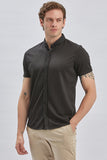 Black Self Patterned Jacquard Button Collar Slim Fit T-Shirt 1011240152
